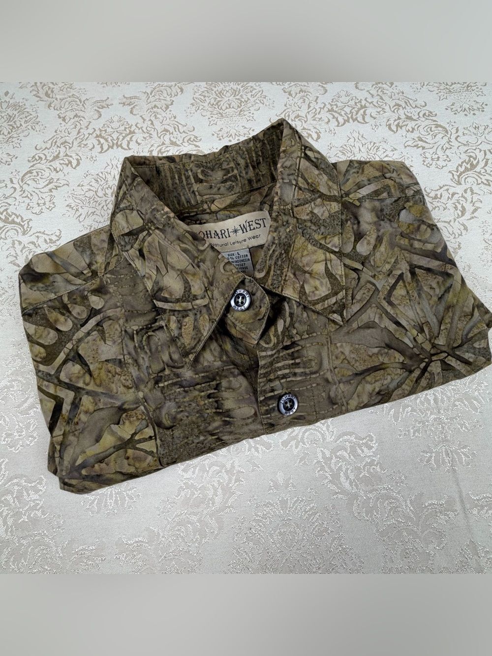 Johari West Men's Olive Button-Up Hawaiian Shirt, Nature, Vacation, Large